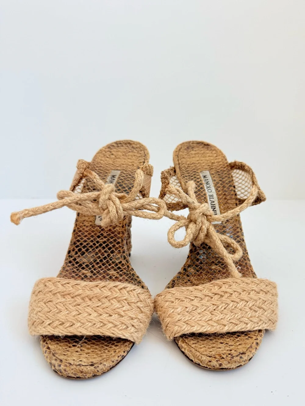 Manolo Blahnik Raffia Espadrille Lace-Up Wedge Sandals Beige Woven EU 38.5 Y2K